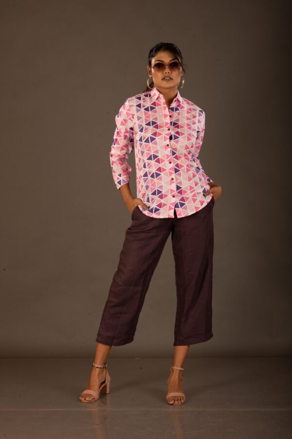 Pure Linen,geometric print , three-piece co-ordinate set in a shirt& trouser style