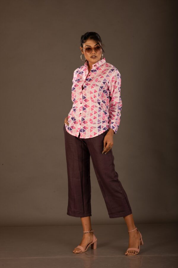 Pure Linen,geometric print , three-piece co-ordinate set in a shirt& trouser style - Image 2