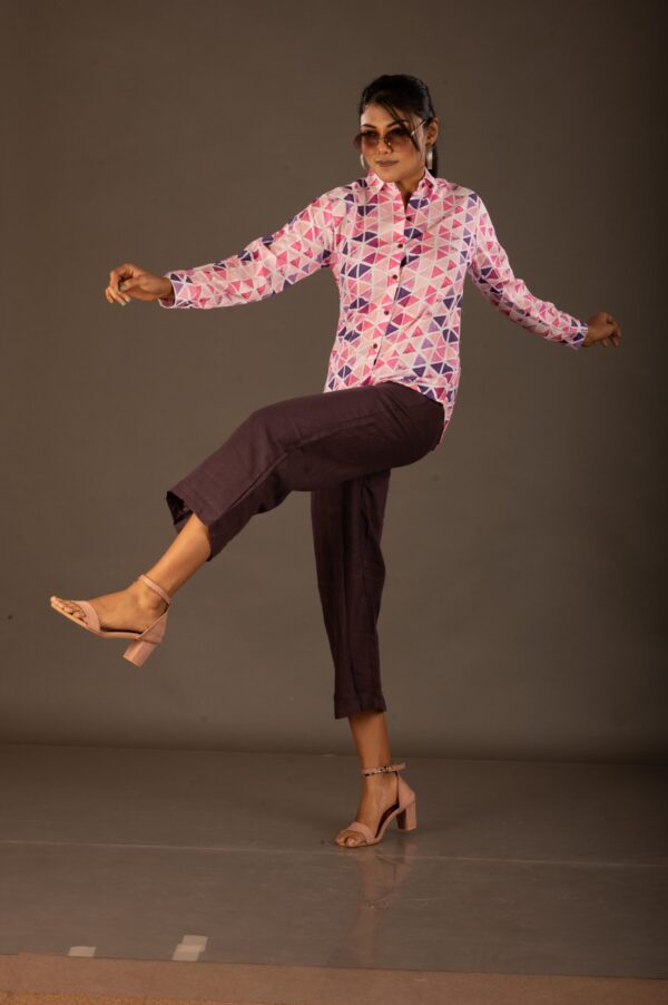 Pure Linen,geometric print , three-piece co-ordinate set in a shirt& trouser style - Image 3