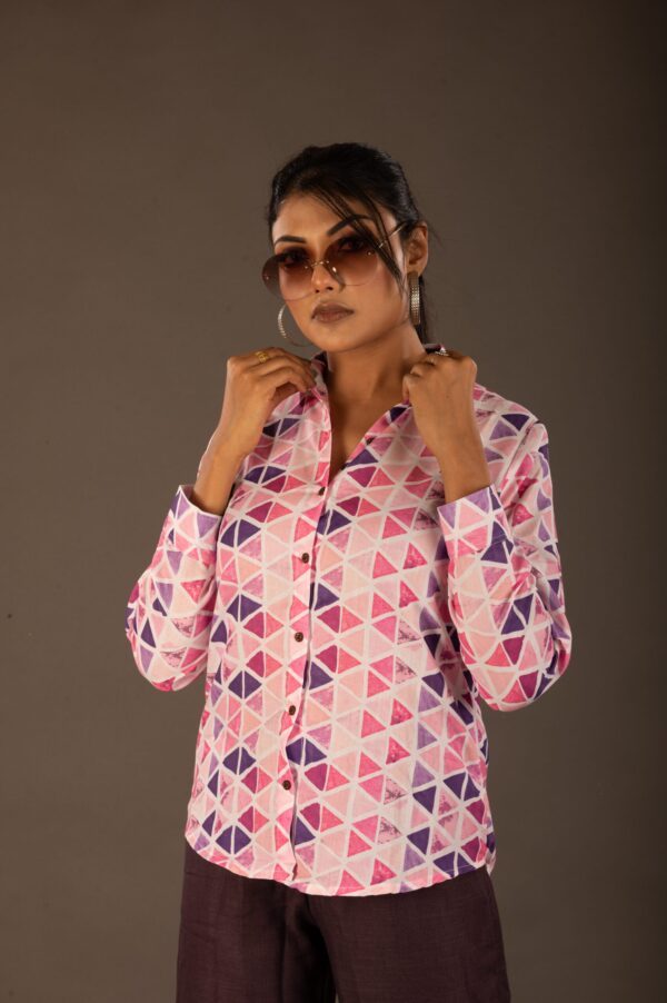 Pure Linen,geometric print , three-piece co-ordinate set in a shirt& trouser style - Image 5
